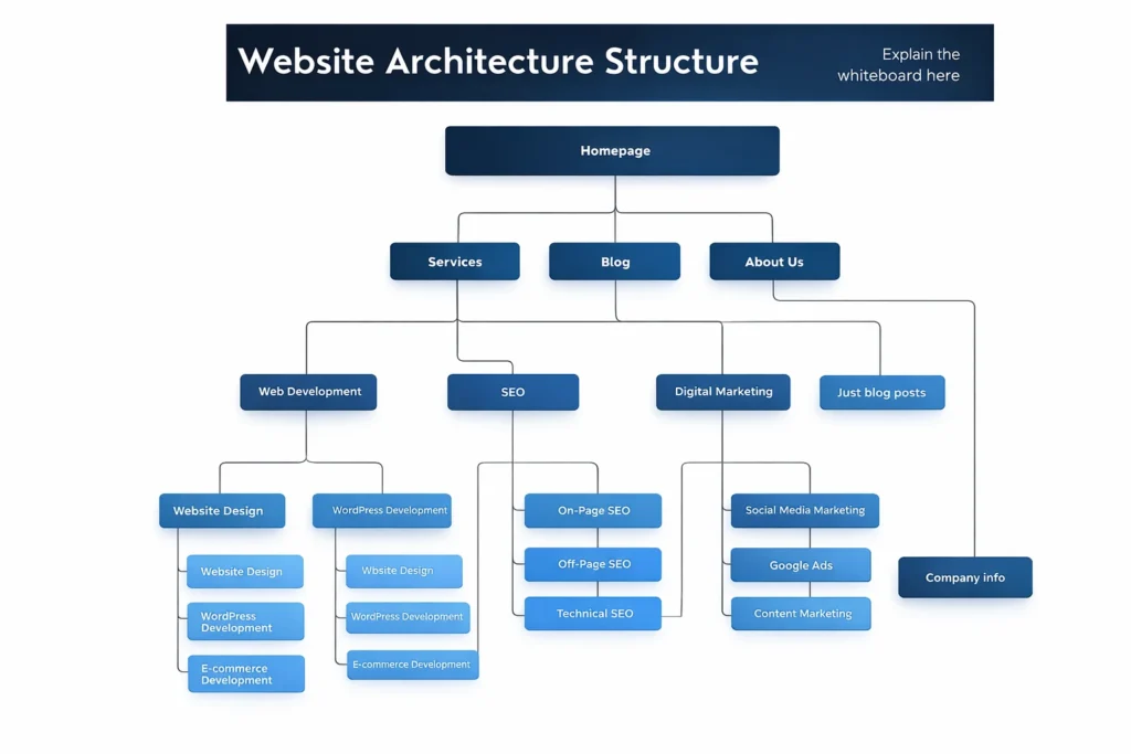 Website architecture structure diagram showing homepage connected to services, blog, about us, and subpages like web development, SEO, digital marketing, and blog posts